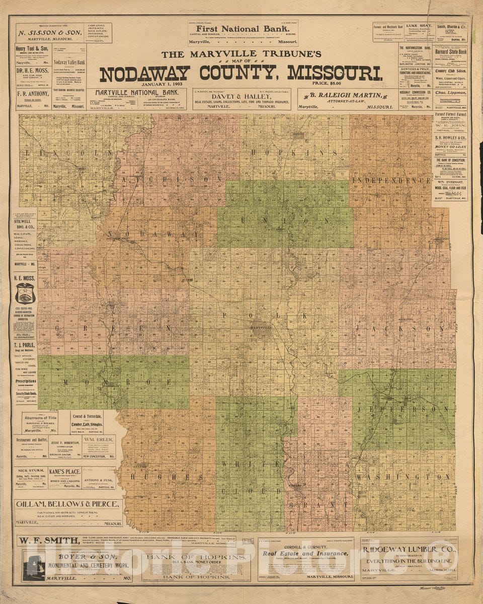 Historic 1906 Map - The Maryville Tribune's map of Nodaway County, Missouri.