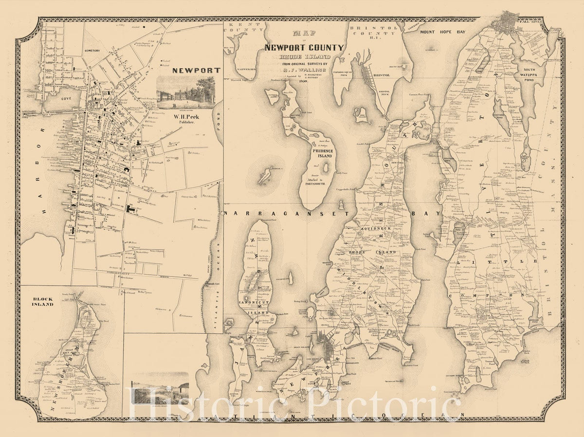 Historic 1850 Map - Map of Newport County, Rhode Island