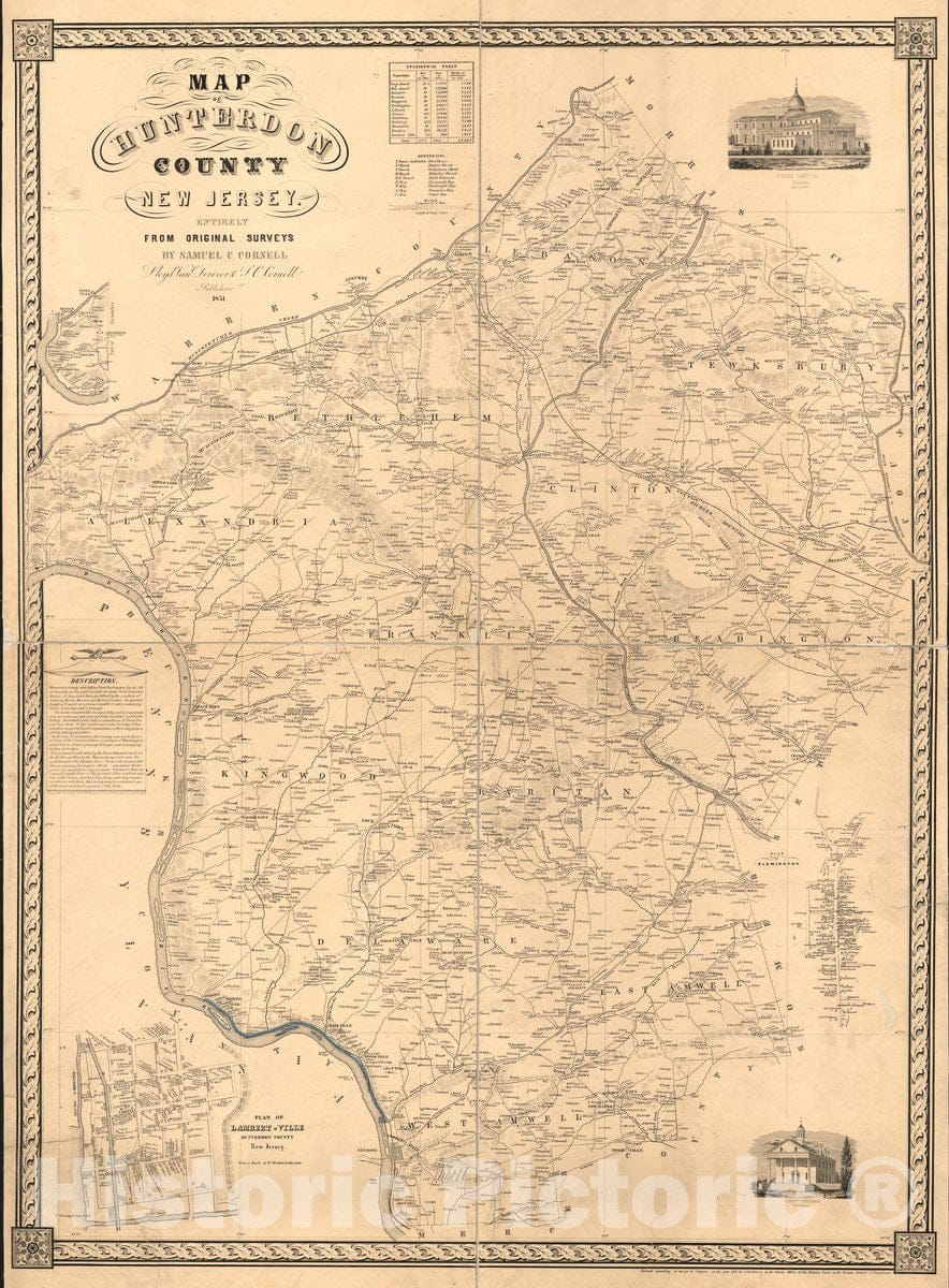 Historic 1851 Map - Map of Hunterdon County, New Jersey : Entirely from Original surveys