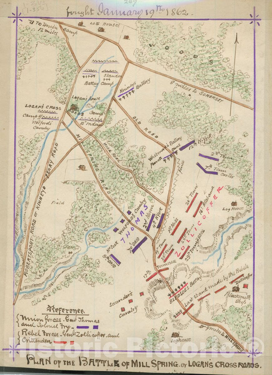 Historic 1862 Map - Plan of The Battle of Mill Spring or Logan's Cross Roads : Fought January 19th, 1862.