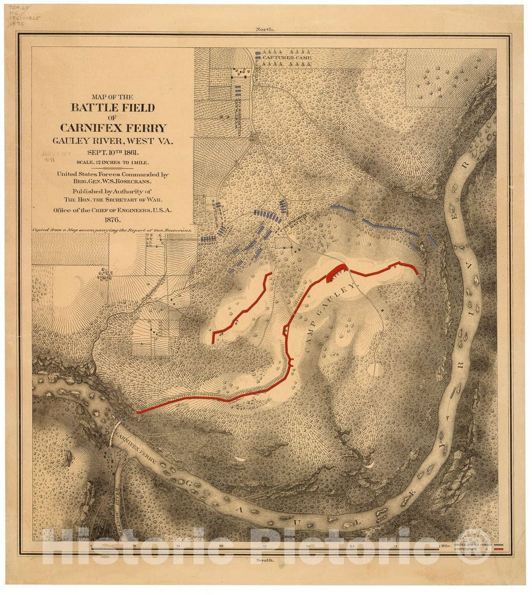 Historic 1876 Map - Map of The Battle Field of Carnifex Ferry, Gauley River, West Va, Sept. 10th 1861 : United States Forces commanded by Brig. Gen. W.S. Rosecrans.