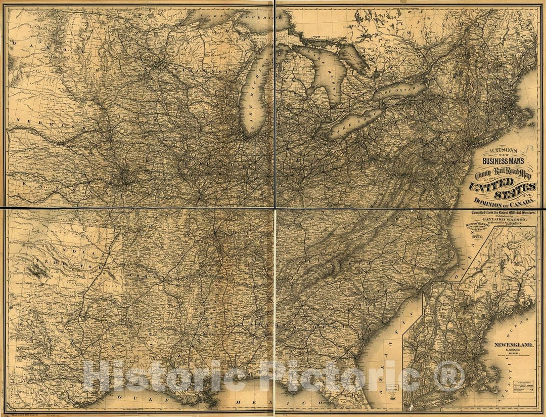 Historic 1874 Map - Watson's Business Man's County and Railroad map of The United States and Dominion of Canada; compiled from Latest Official Sources.