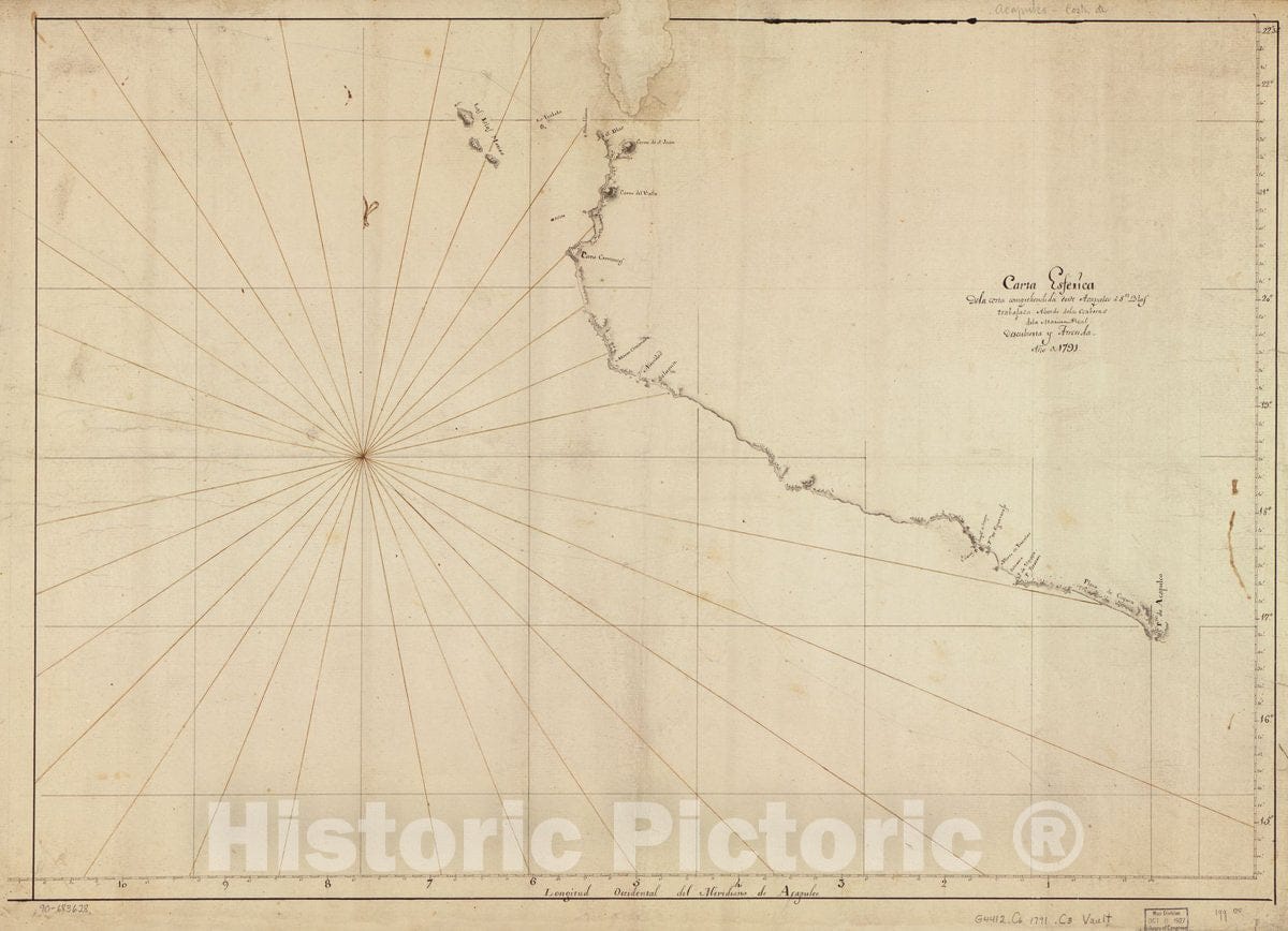 Historic 1791 Map - Carta esferica de la Costa comprehendida Desde Acapulco a Sn. Blas trabajada abordo de las corberas de la Marina Real Descubierta y Atrevida, aÃ±o de 1791.