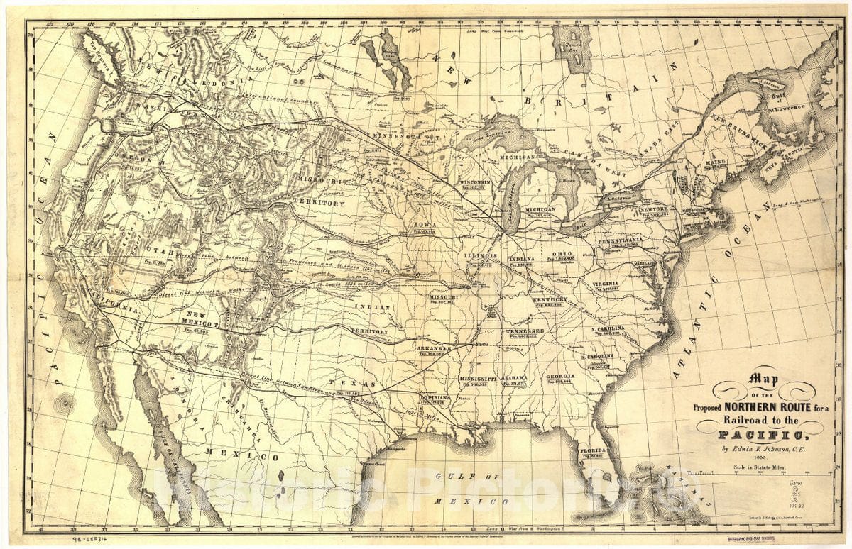 Historic 1853 Map - Map of The Proposed Northern Route for a Railroad to The Pacific.