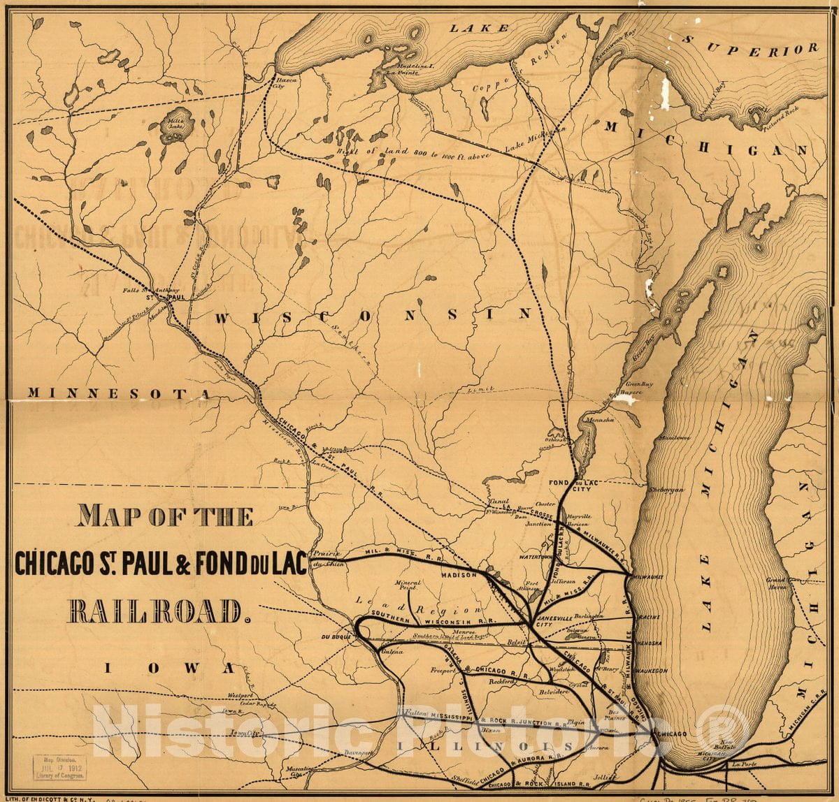 Historic 1855 Map - Map of The Chicago, St. Paul & Fond du Lac Railroad.