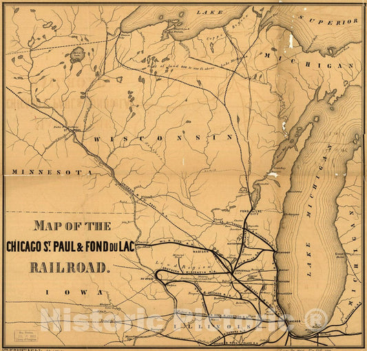 Historic 1855 Map - Map of The Chicago, St. Paul & Fond du Lac Railroad.