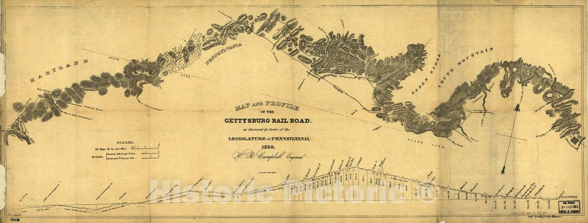 Historic 1839 Map - Map and Profile of The Gettysburg Rail Road as surveyed by Order of The Legislature of Pennsylvania, 1839.