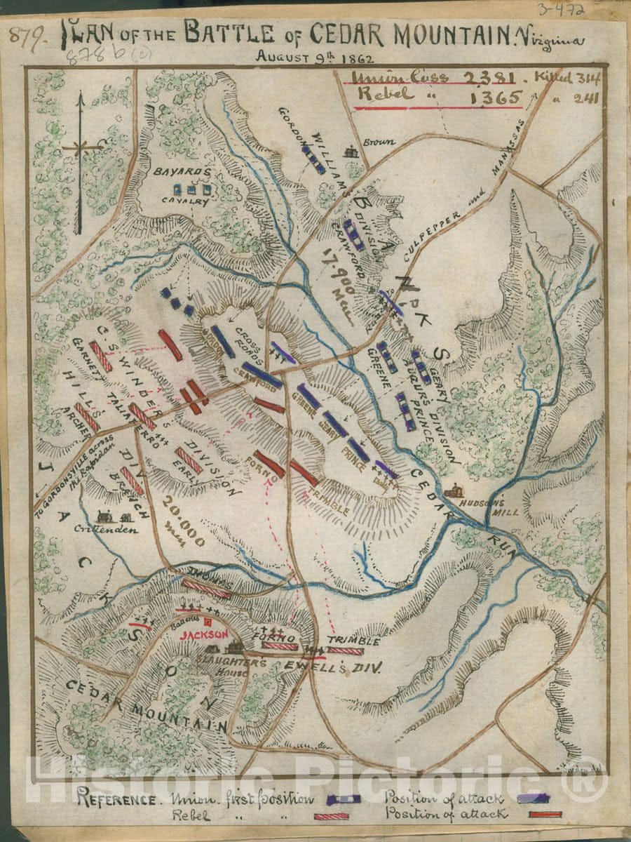 Historic 1862 Map - Plan of The Battle of Cedar Mountain, Virginia, August 9th, 1862.