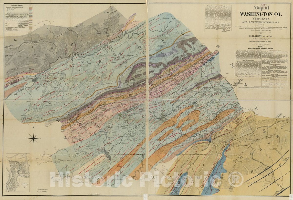 Historic 1890 Map - Map of Washington Co, Virginia and contiguous Territory : Showing Mineral Resources, Agricultural Areas, Water-Powers, Railway Facilities, Roads, Streams