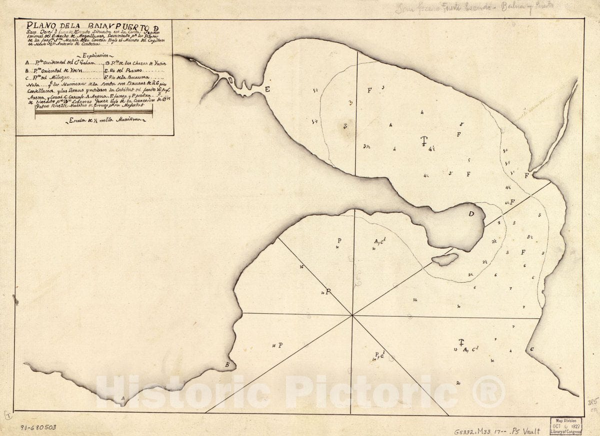 Historic 1700 Map - Plano de la Baia y Puerto de San Josef o Fuerte Escudo situado en la Costa septentrional del Estrecho de Magallanes