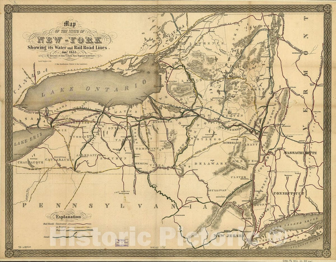 Historic 1855 Map - Map of The State of New-York Showing its Water and Rail Road Lines. Jan 1855, by Direction of John T. Clark State Engineer & Surveyor.