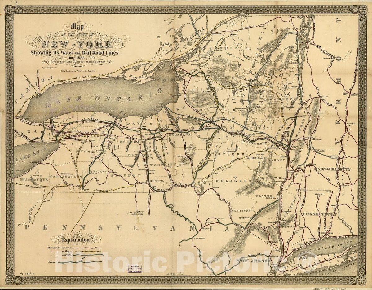 Historic 1855 Map - Map of The State of New-York Showing its Water and Rail Road Lines. Jan 1855, by Direction of John T. Clark State Engineer & Surveyor.