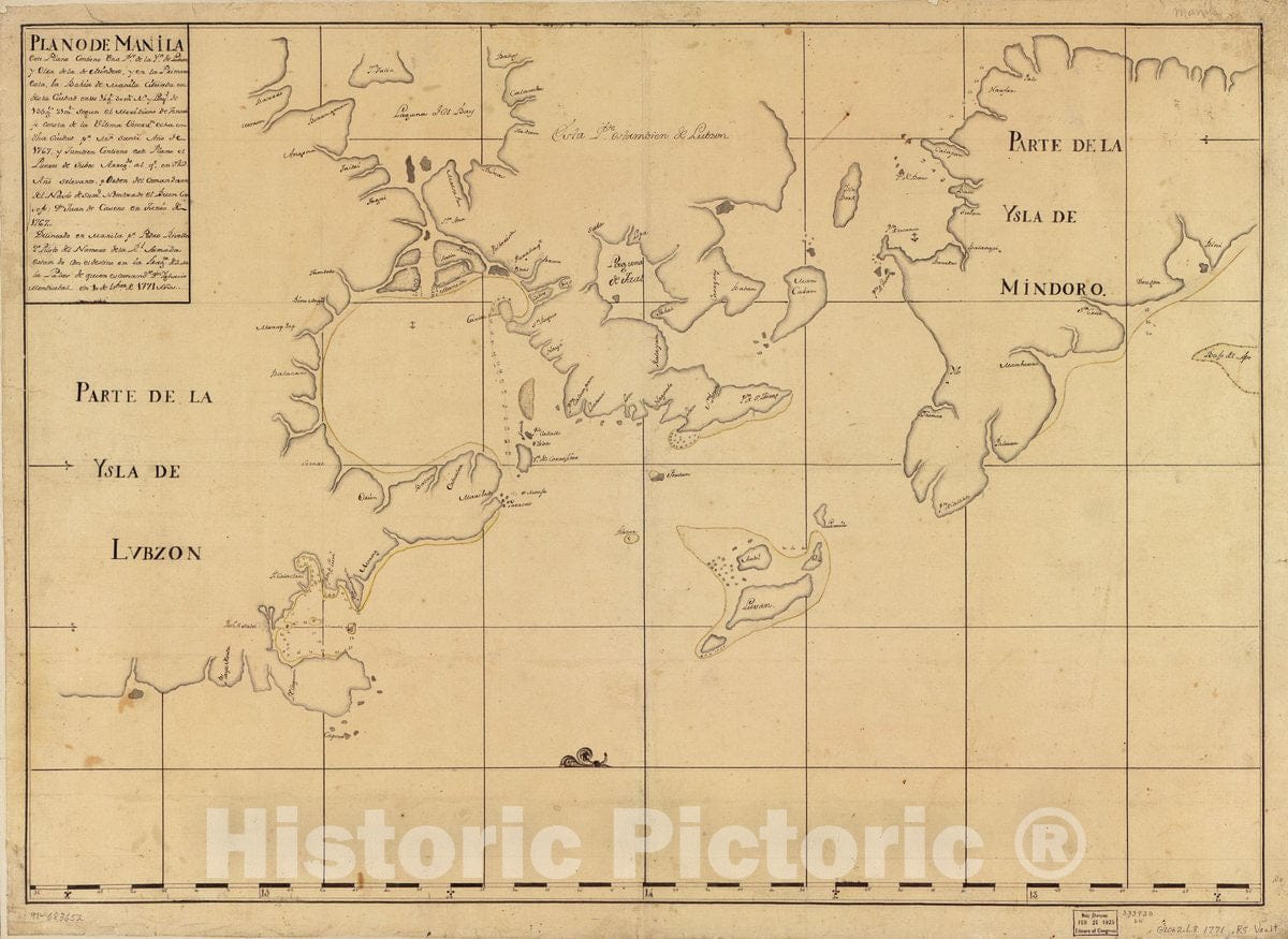 Historic 1771 Map - Plano de Manila, este Plano contiene UNA pte. de la Ya. de Lubzon y otra de la de Mindoro y en la Primero esta, la BahÃ­a de Manila