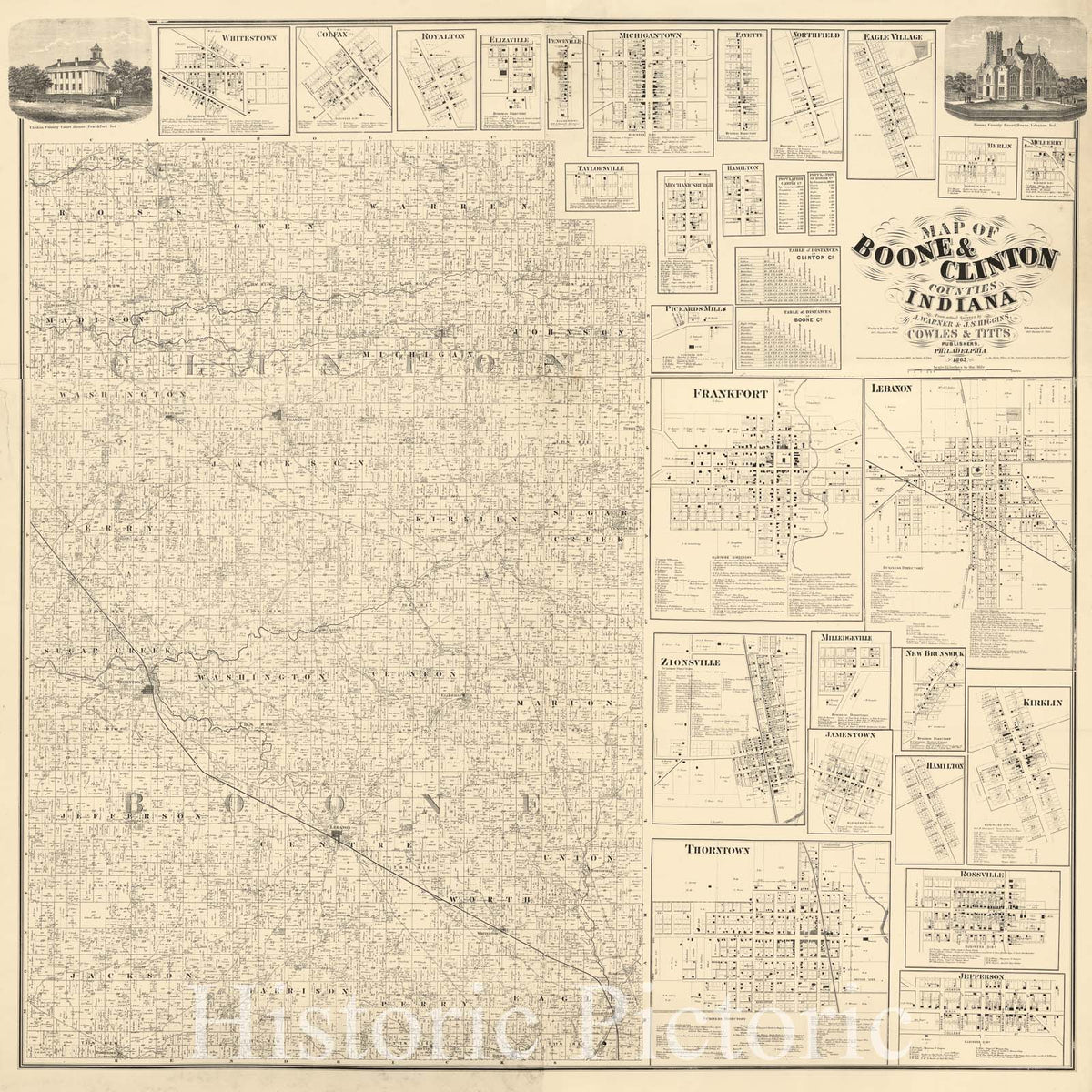 Historic 1865 Map - Map of Boone & Clinton Counties, Indiana