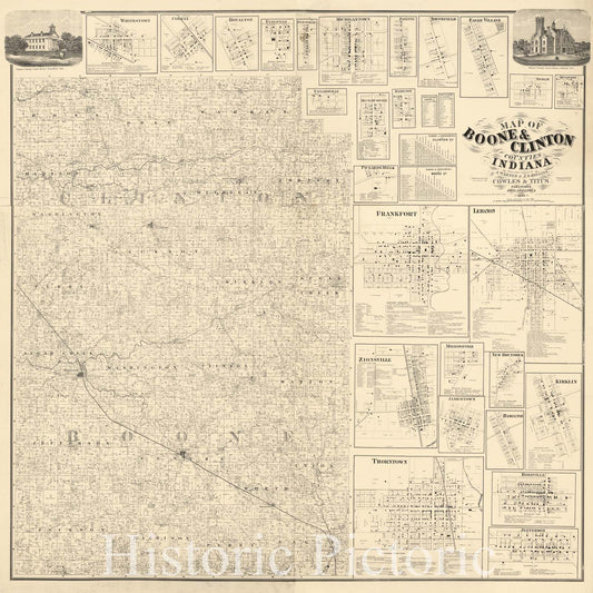 Historic 1865 Map - Map of Boone & Clinton Counties, Indiana