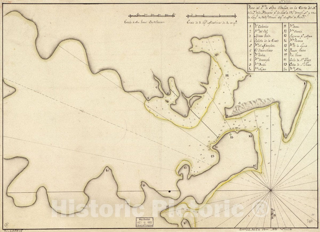 Historic 1700 Map - Plano del Pto. de Nipe situado en la Costa del N. de la ya. de la Havana pr. la lattd. DE 21 gs. 10 mins. N. y en la longd. de 301 gs. 33 mins. segn. el Mero. de Thene.