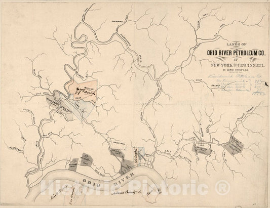 Historic 1864 Map - Lands of Ohio River Petroleum Co. of New York and Cincinnati in Lewis County, Ky.