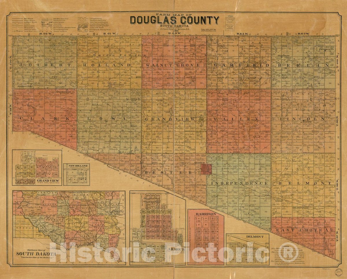 Historic 1900 Map - Farm map of Douglas County, South Dakota