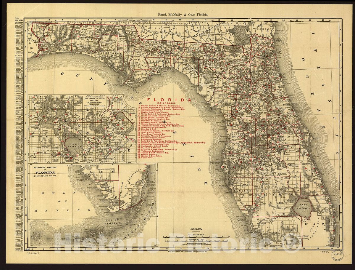 Historic 1900 Map - The Rand-McNally indexed County and Township Pocket map and shippers Guide of Florida Showing All Railroads, Cities, Towns, Villages, Post Offices, Lakes, Rivers, etc.