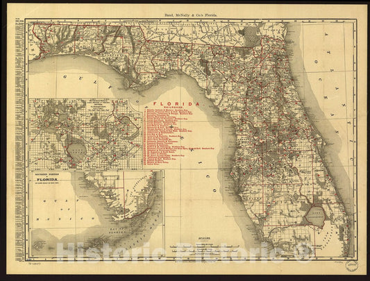 Historic 1900 Map - The Rand-McNally indexed County and Township Pocket map and shippers Guide of Florida Showing All Railroads, Cities, Towns, Villages, Post Offices, Lakes, Rivers, etc.
