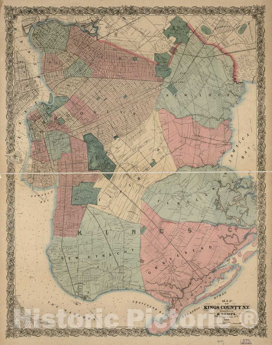 Historic 1868 Map - Map of Kings County N.Y.
