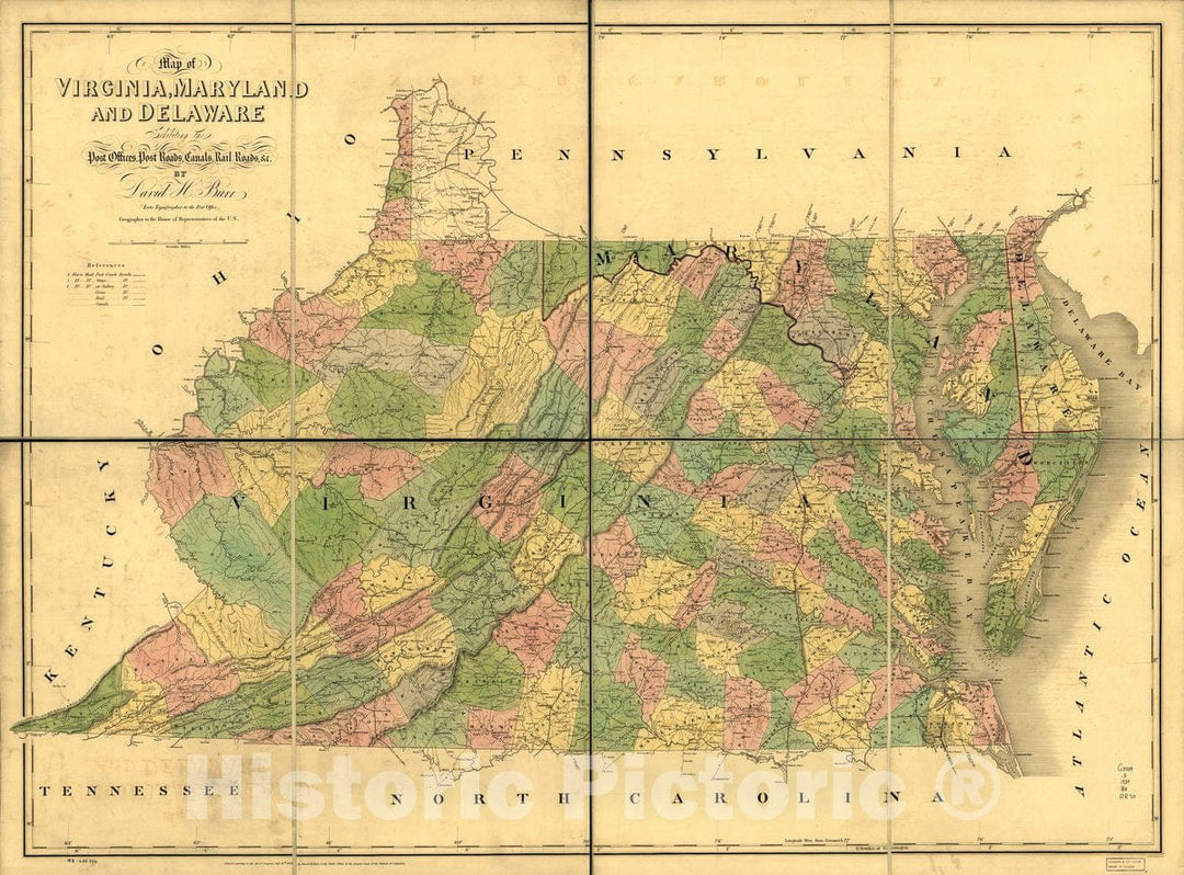 Historic 1839 Map - Map of Virginia, Maryland and Delaware exhibiting The Post Offices, Post Roads, canals, Rail Roads