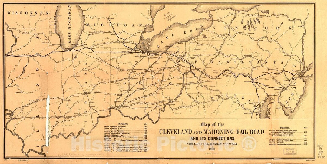Historic 1853 Map - Map of The Cleveland and Mahoning Rail Road and its Connections, Edward Warner Chief Engineer, 1853.