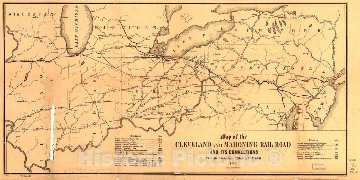 Historic 1853 Map - Map of The Cleveland and Mahoning Rail Road and its Connections, Edward Warner Chief Engineer, 1853.