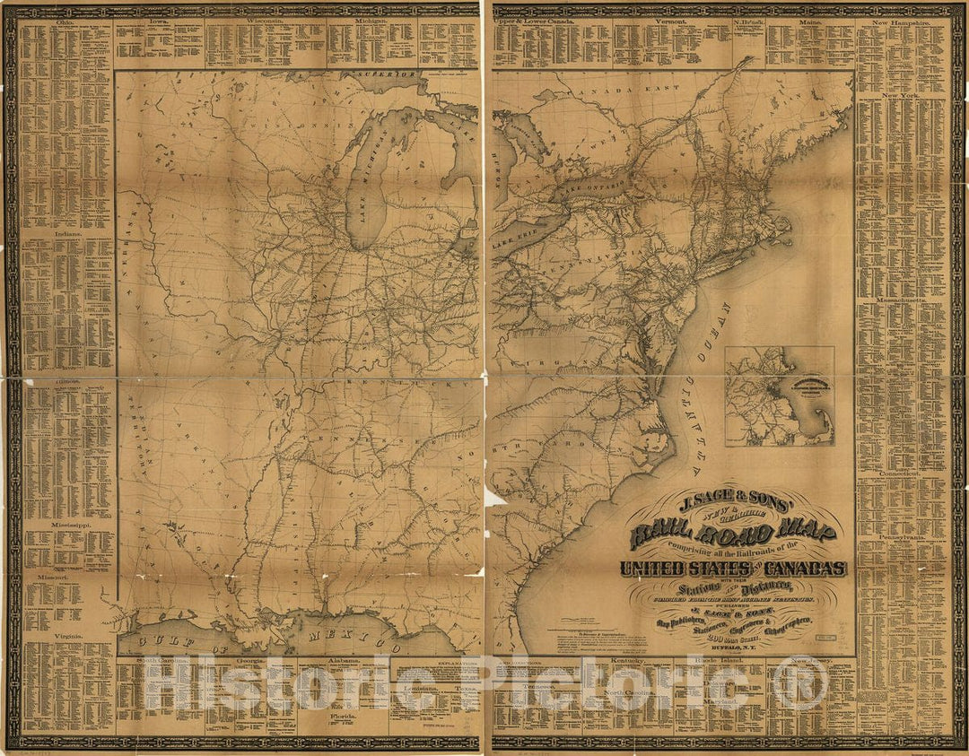 Historic 1858 Map - J. Sage & Son's New & Reliable Rail Road map comprising All The Railroads of The United States and Canadas with Their Stations and Distances,