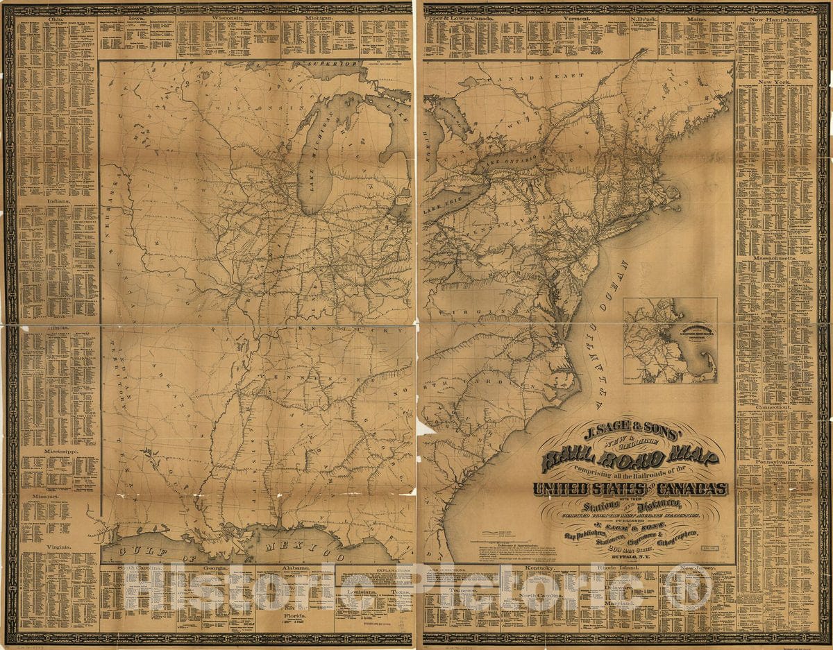 Historic 1858 Map - J. Sage & Son's New & Reliable Rail Road map comprising All The Railroads of The United States and Canadas with Their Stations and Distances,