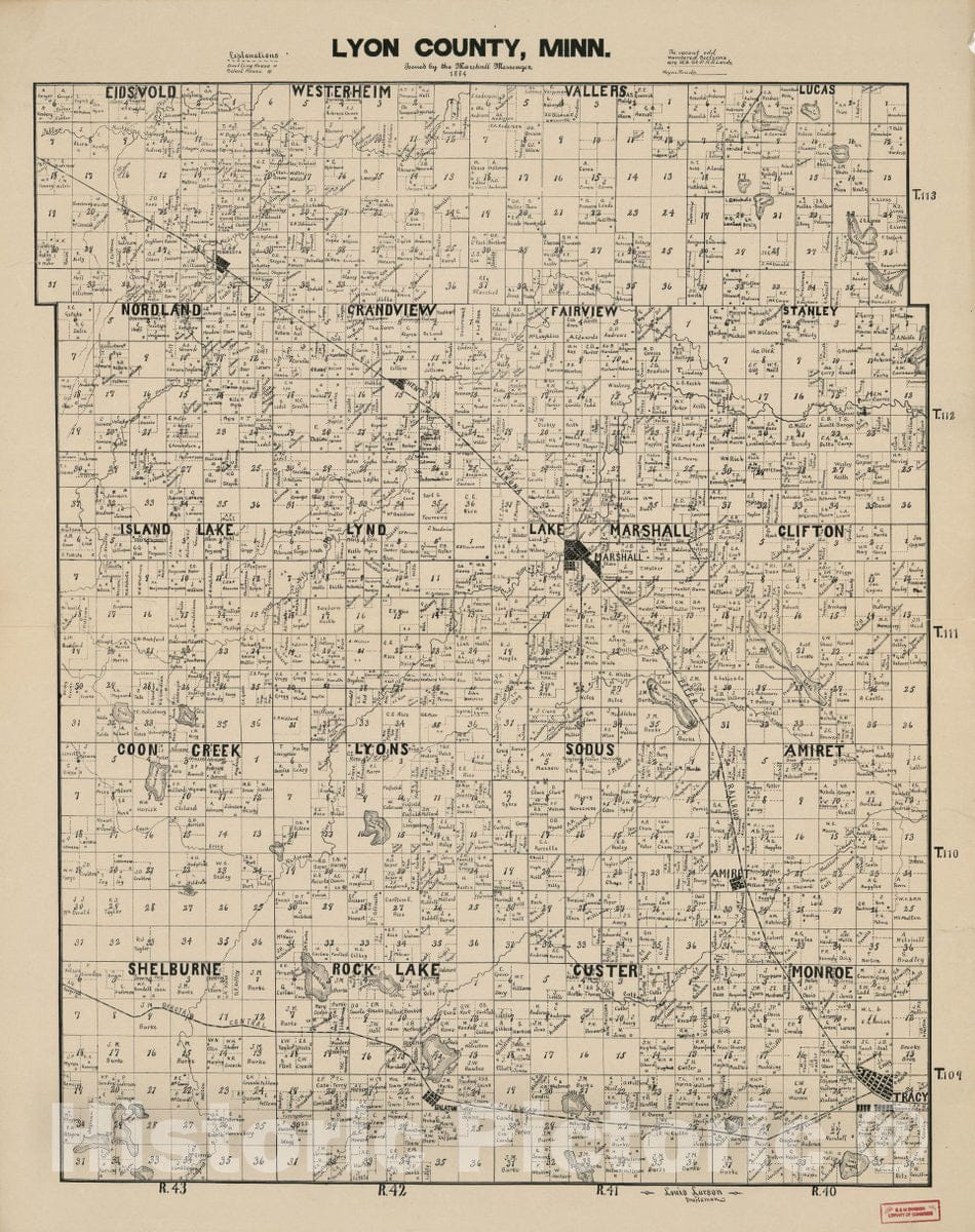 Historic 1884 Map - Lyon County, Minn.