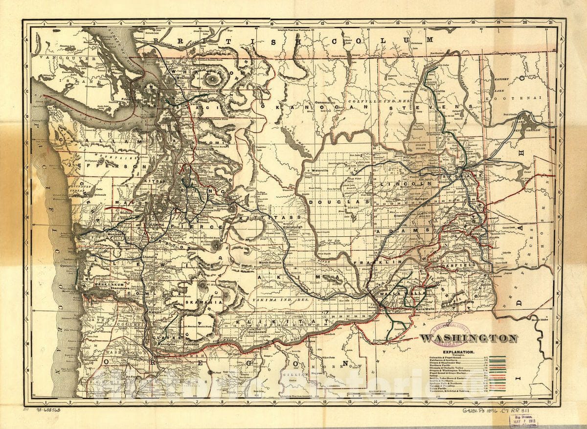 Historic 1896 Map - Cram's Township and Railroad map of Washington.