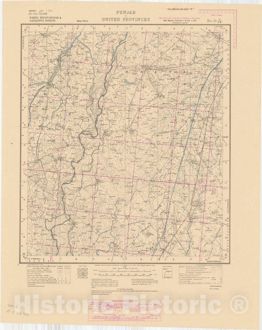 Map : Karnal, Muzaffarnagar & Saharanpur Districts, Punjab & United Provinces, No. 53 G/N.W. 1943, India and adjacent countries, Antique Vintage Reproduction