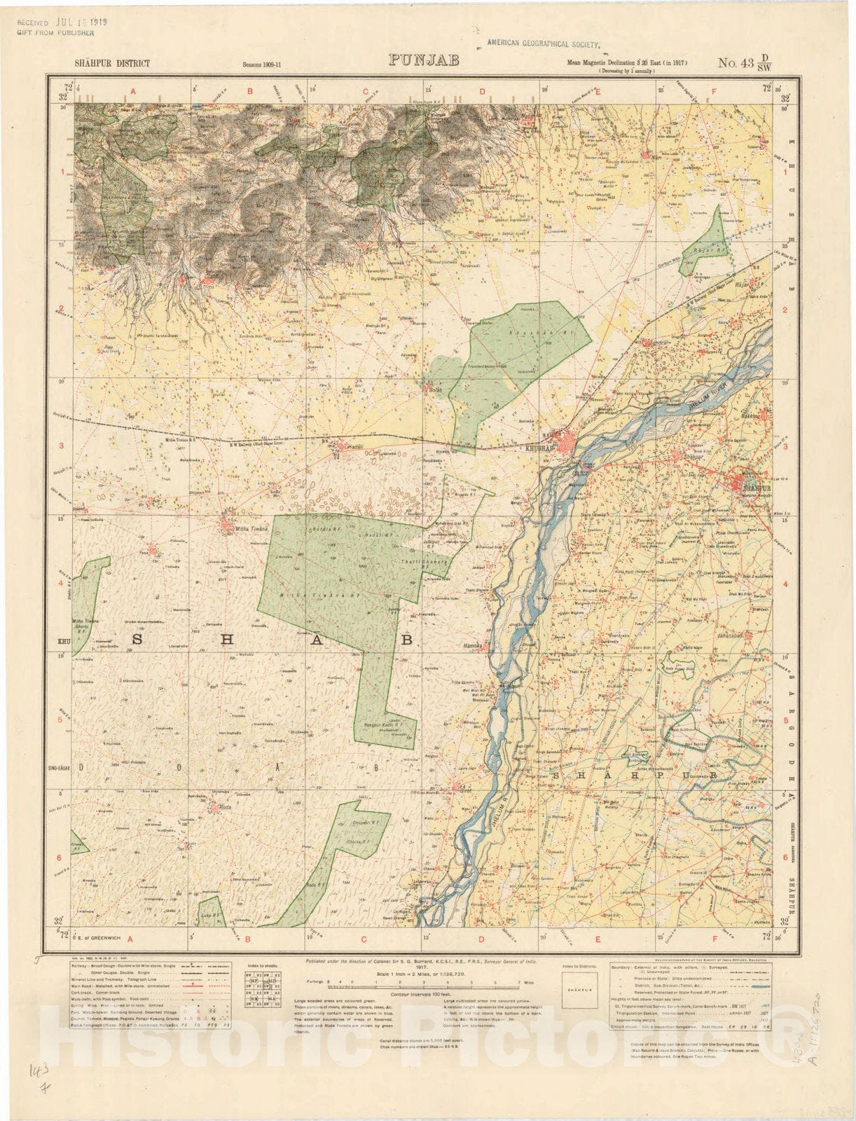 Map : Shahpur District, Punjab No. 43 D/S.W. 1917, India and adjacent countries, Antique Vintage Reproduction