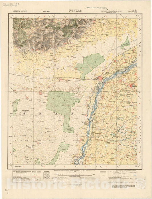 Map : Shahpur District, Punjab No. 43 D/S.W. 1917, India and adjacent countries, Antique Vintage Reproduction