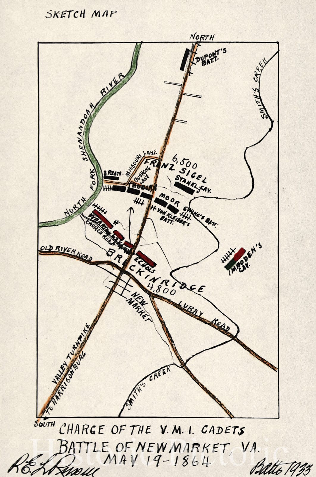 Historic 1864 Map - Charge of The V.M.I. Cadets : Battle of New Market, Va, May 19, 1864