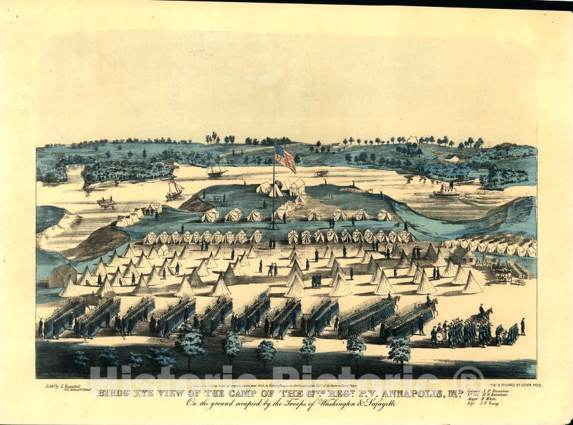 Historic 1863 Map - Birds' Eye View of The Camp of The 67th Reg't P.V. Annapolis, Md. : on The Ground Occupied by The Troops of Washington & Lafayette