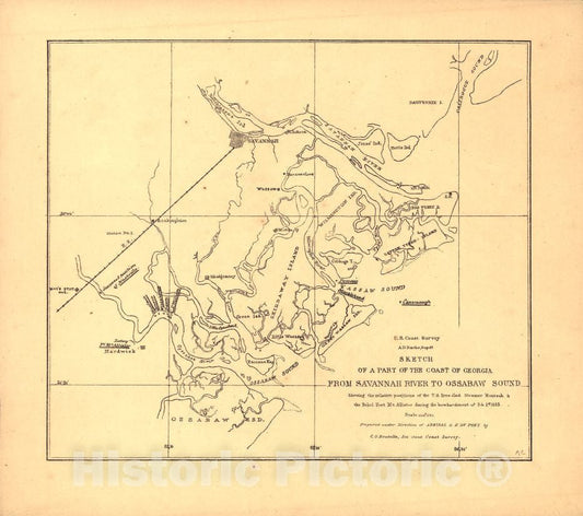 Historic 1863 Map - Sketch of a Part of The Coast of Georgia from Savannah River to Ossabaw Sound Showing The Relative Positions of The U.S. Iron clad Steamer Montauk