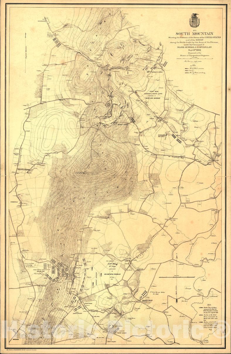 Historic 1872 Map - South Mountain Showing The Positions of The Forces of The United States and The Enemy During The Battle Fought by The Army of The Potomac