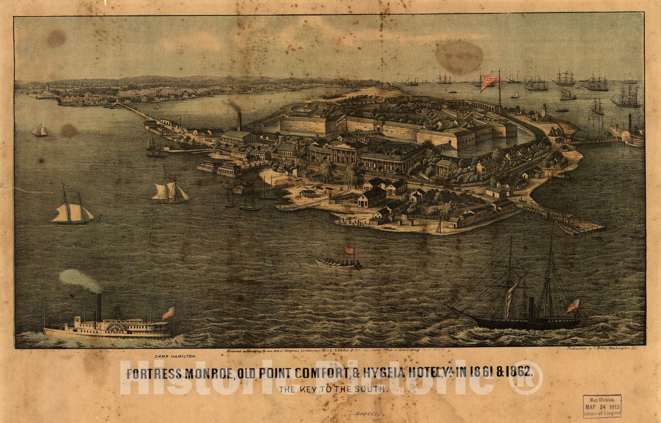Historic 1861 Map - Fortress Monroe, Old Point Comfort, Hygeia Hotel, Va. in 1861 & 1862. The Key to The South