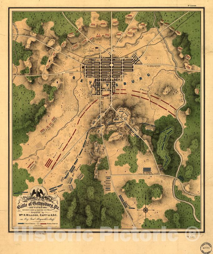 Historic 1863 Map - Map of The Battle of Gettysburg, Pa, July 1st, 2nd & 3rd, 1863, Showing line of Battle on P.M. of 2nd