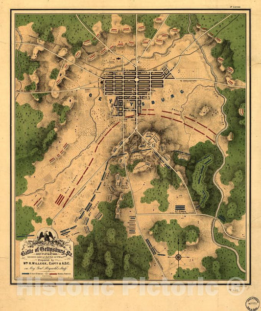 Historic 1863 Map - Map of The Battle of Gettysburg, Pa, July 1st, 2nd & 3rd, 1863, Showing line of Battle on P.M. of 2nd