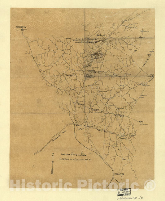 Historic 1864 Map - Map of Part of The Counties of Fulton and Cobb, Georgia, Showing fortifications on The Chattahoochee River at Isoms Ford and Phillips Ferry