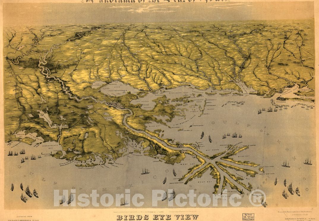 Historic 1861 Map - Birds Eye View of Louisiana, Mississippi, Alabama and Part of Florida