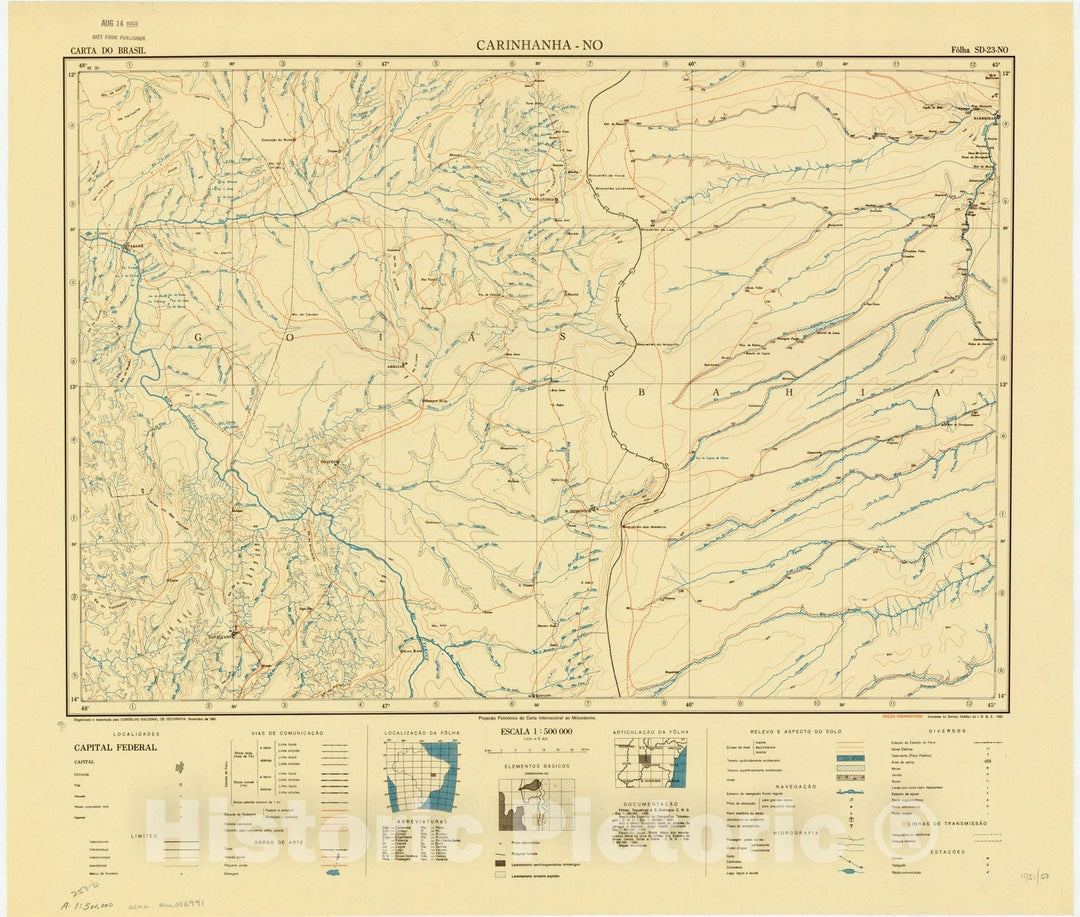 Map : Carinhanha - NO, Brazil 1951, Carta do Brasil , Antique Vintage Reproduction