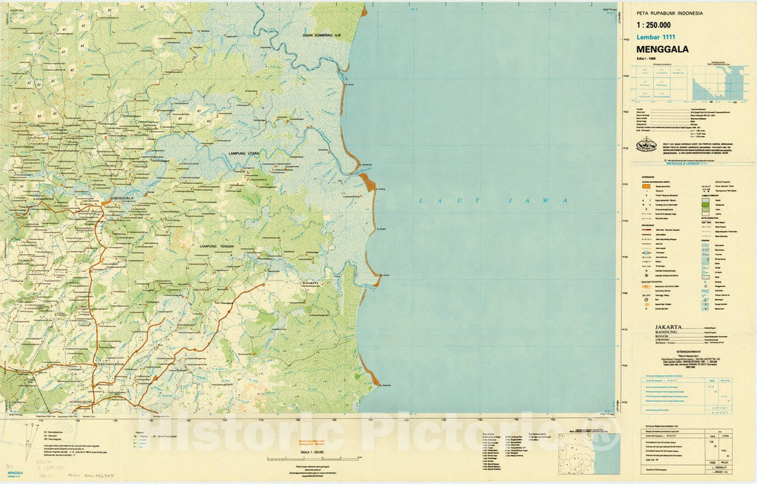 Map : Menggala, Indonesia 1986, Peta rupabumi Indonesia, 1:250,000 , Antique Vintage Reproduction