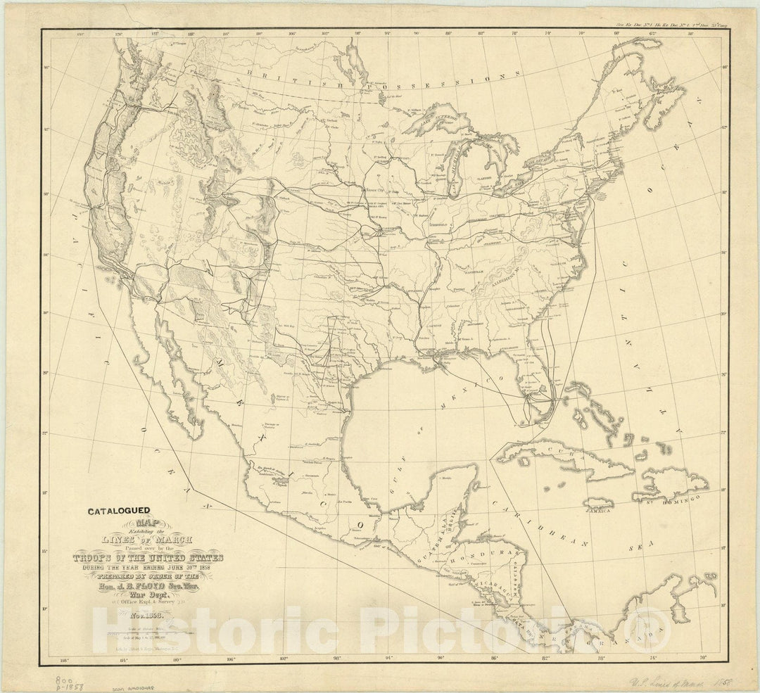 Map : United States 1858, Map exhibiting the lines of march passed over by the troops of the United States, Antique Vintage Reproduction