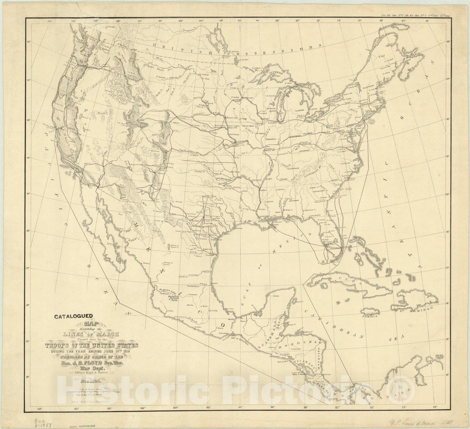 Map : United States 1858, Map exhibiting the lines of march passed over by the troops of the United States, Antique Vintage Reproduction