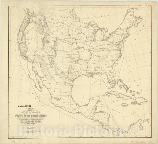Map : United States 1858, Map exhibiting the lines of march passed over by the troops of the United States, Antique Vintage Reproduction