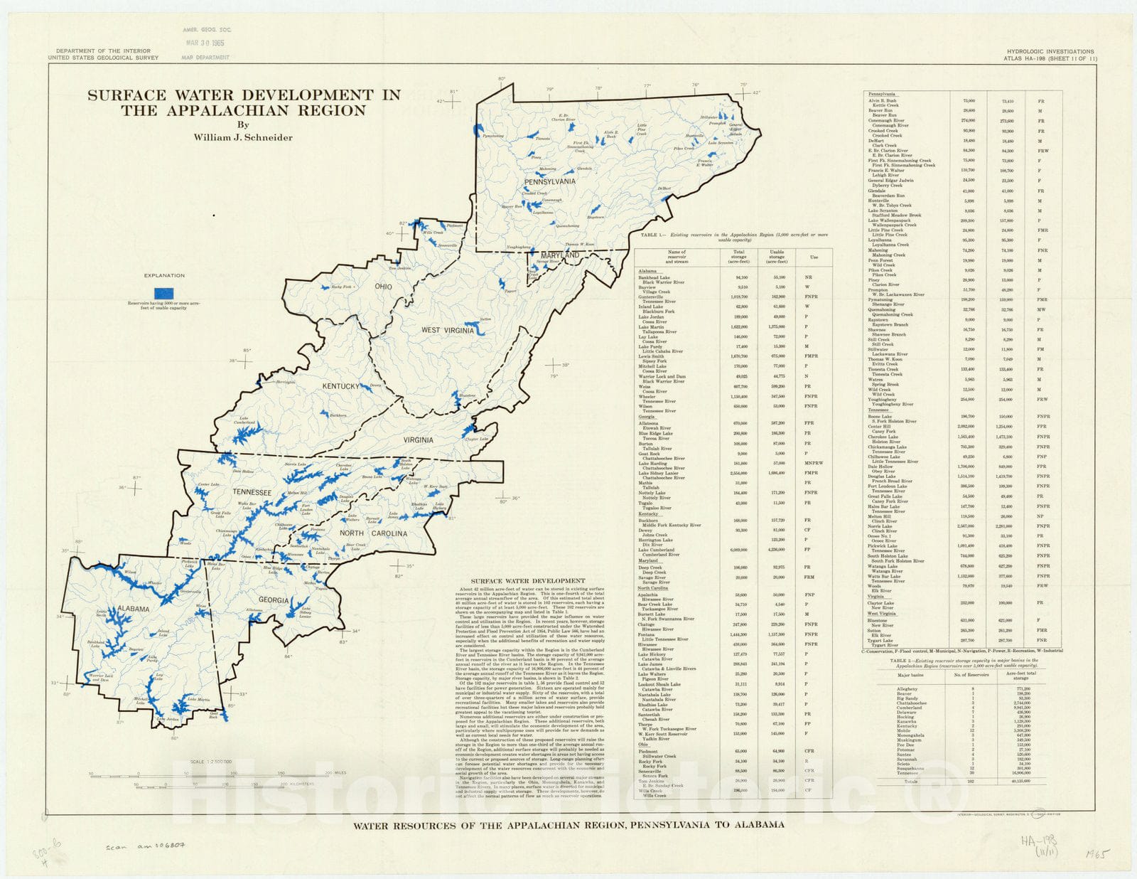 Map : Appalachia 1965 3, Water resources of the Appalachian region, Pennsylvania to Alabama , Antique Vintage Reproduction